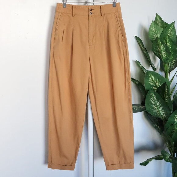 Madewell Camel Tan Cotton Pleated Taper Wide Leg High Waist Slouchy Pants Size 4 - Picture 5 of 12